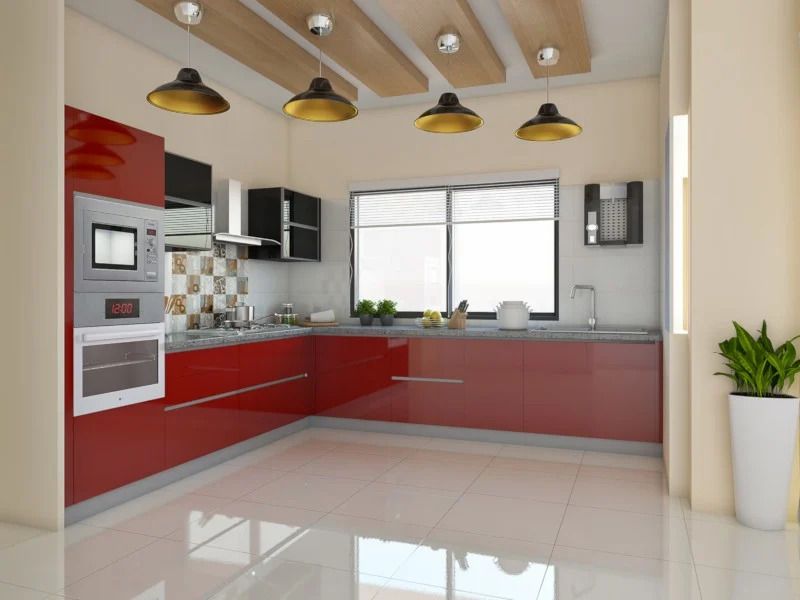 Red Velvet L-Shaped Modular Kitchen in India